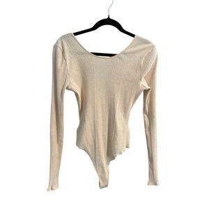 Aerie Long Sleeve Ribbed Knit Bodysuit Beige Oatmeal Scoop Neck- Large